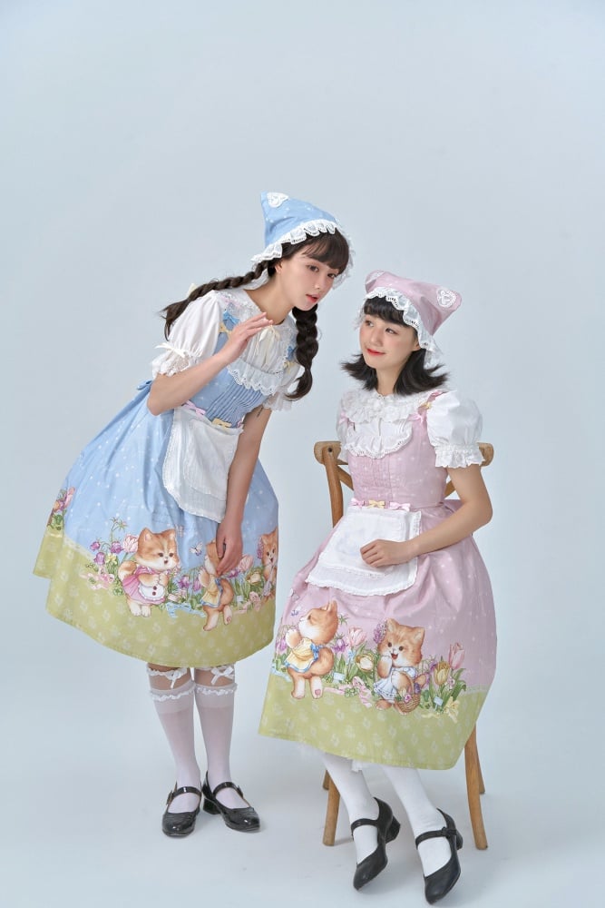 Pink Cat Print Lace Trim Bowknot Details Jumper Skirt