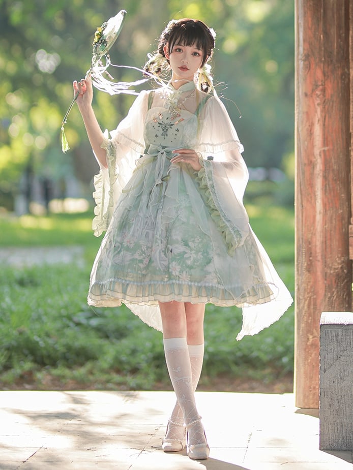 Swan Castle Print Green Qi Style Jumper Skirt/Full Set Embroidery Ruffle Hem