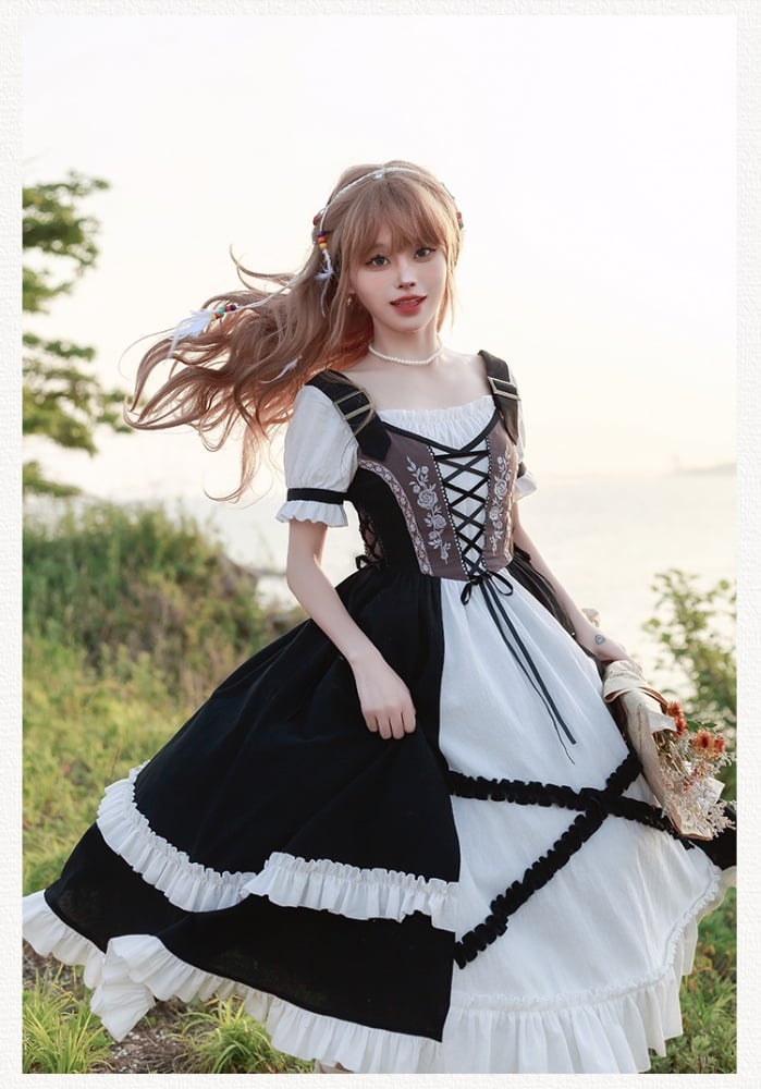 Rosette Embroidery Lace-up Details Bodice Black and White One Piece