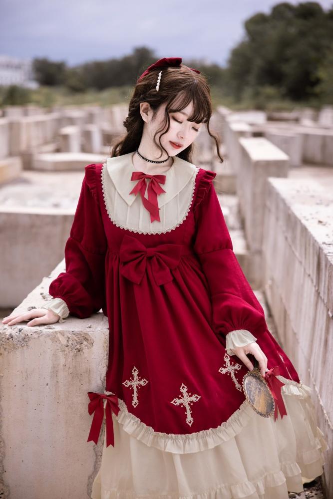 Starry Night Cross Bowknot Details Long Sleeves Lolita OP