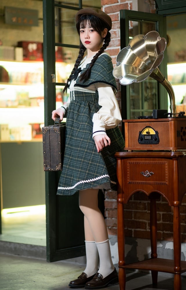 Southern Theater Green Plaid Pattern Peter Pan Collar OP