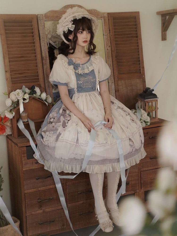 Spring Curtain Country Style Little Girl Print Embroidery Round Neck Bowknot Details Short Sleeves One Piece