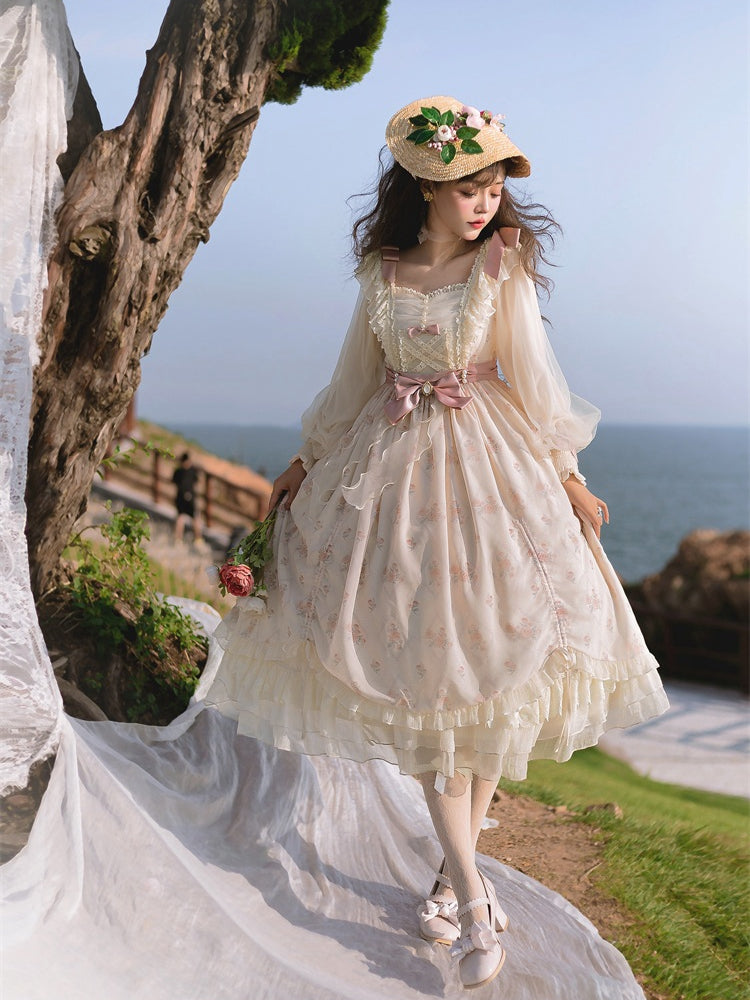 Time Letter Paper Floral Print Bowknot Details Drawstring Ruffle Hem Long Sleeves One Piece