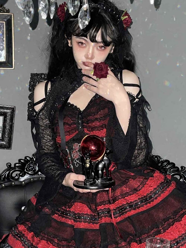 Rose Thorn Color Red Sweetheart Neckline Floral Embroidery Jumper Skirt Short Version