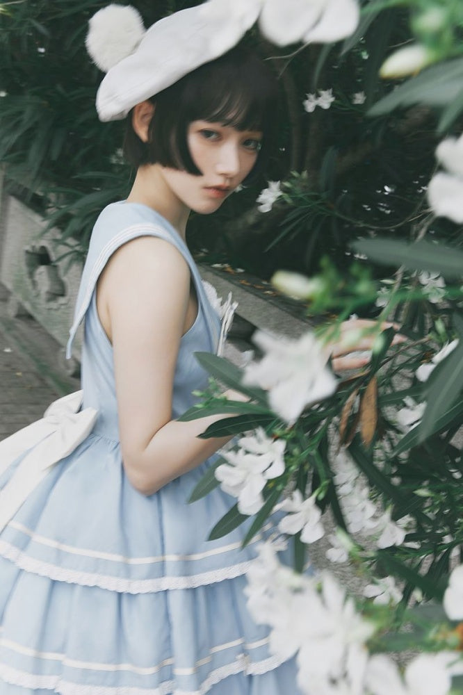 Untitled Sea Breeze Light Blue Sailor Lolita Tiered Skirt Jumper Skirt