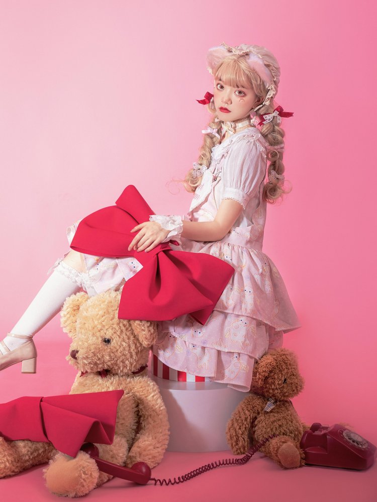 In Stock Kitty Print Bowknot Details Tiered Ruffle Hem Overall Dress