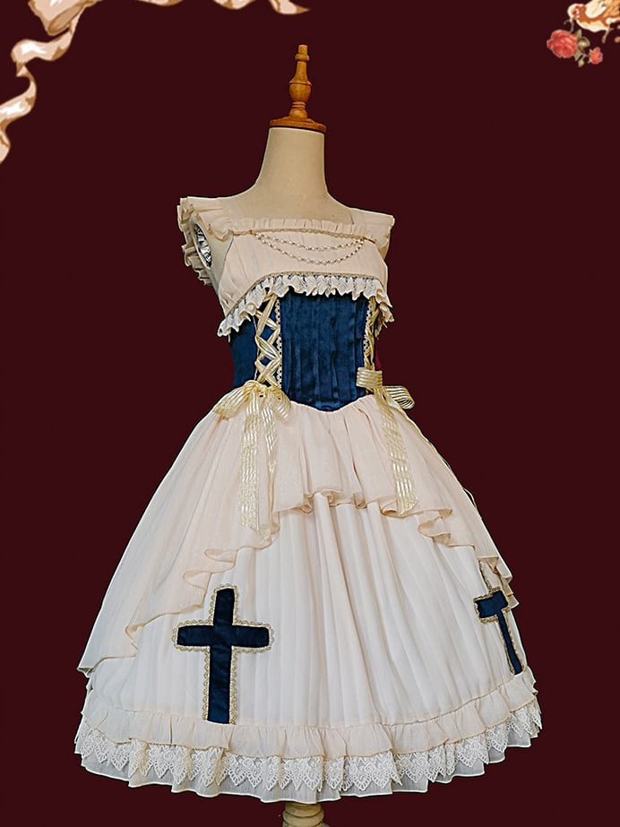 Immortal Song Beige and Dark Blue Ruffle Square Neckline Lace-up Details Jumper Skirt