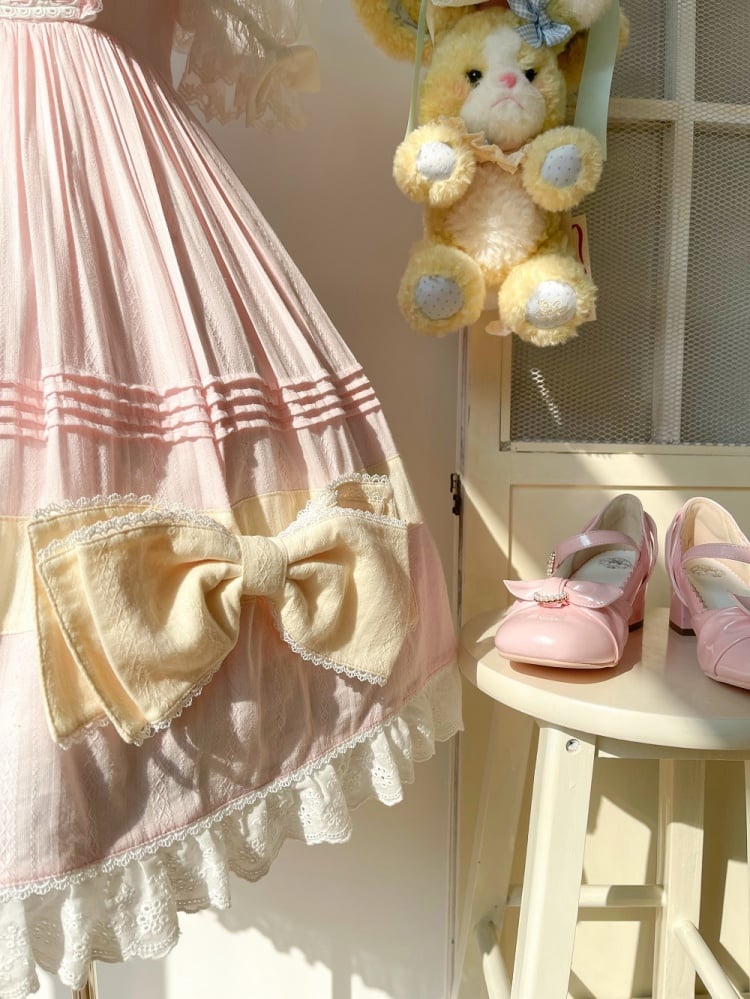 In Stock Bowknot High Waist Ruffle Hem Jumper Skirt