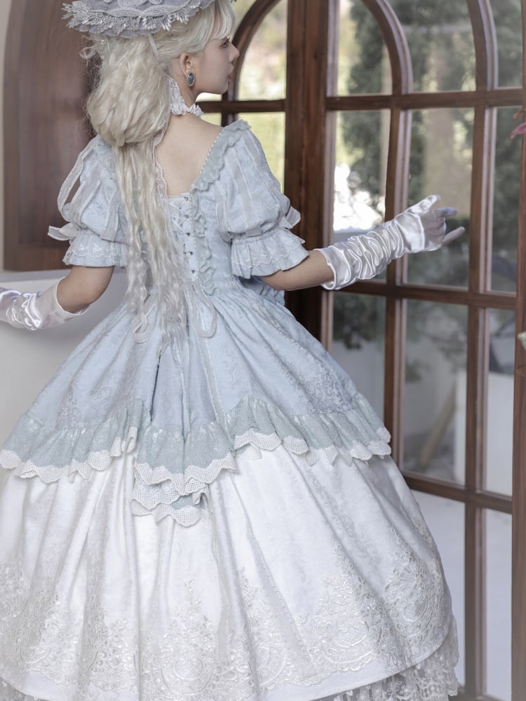 White and Blue Floral Bowknot Design One Piece