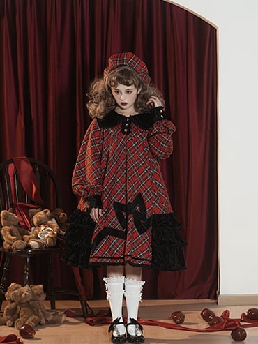 Star of Freedom and Courage Red Plaid Pattern Peter Pan Collor Long Sleeves One Piece