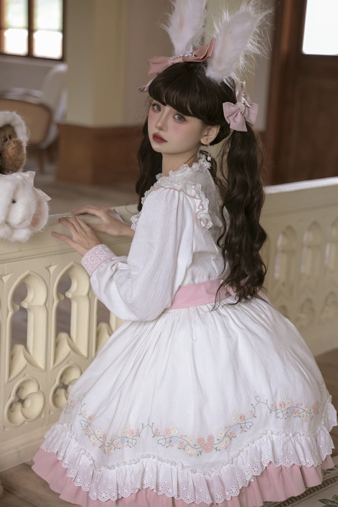 Time Collection White and Pink Peter Pan Collar/Ruffle Round Neck Long Sleeves One Piece