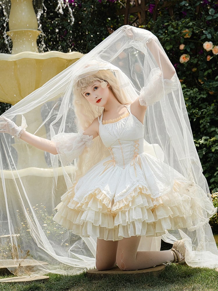 White Halter Neck Ruffle Skirt Corset Waist Jumper Skirt