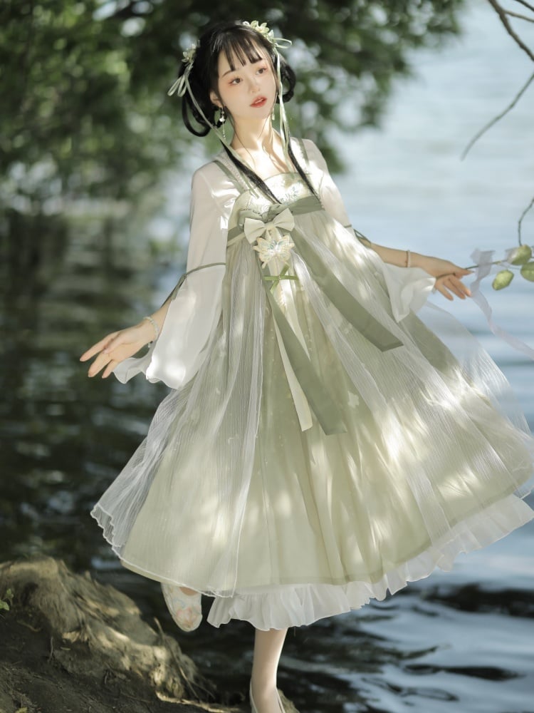 Light Green Floral and Butterfly Embroidery Han Slip Dress