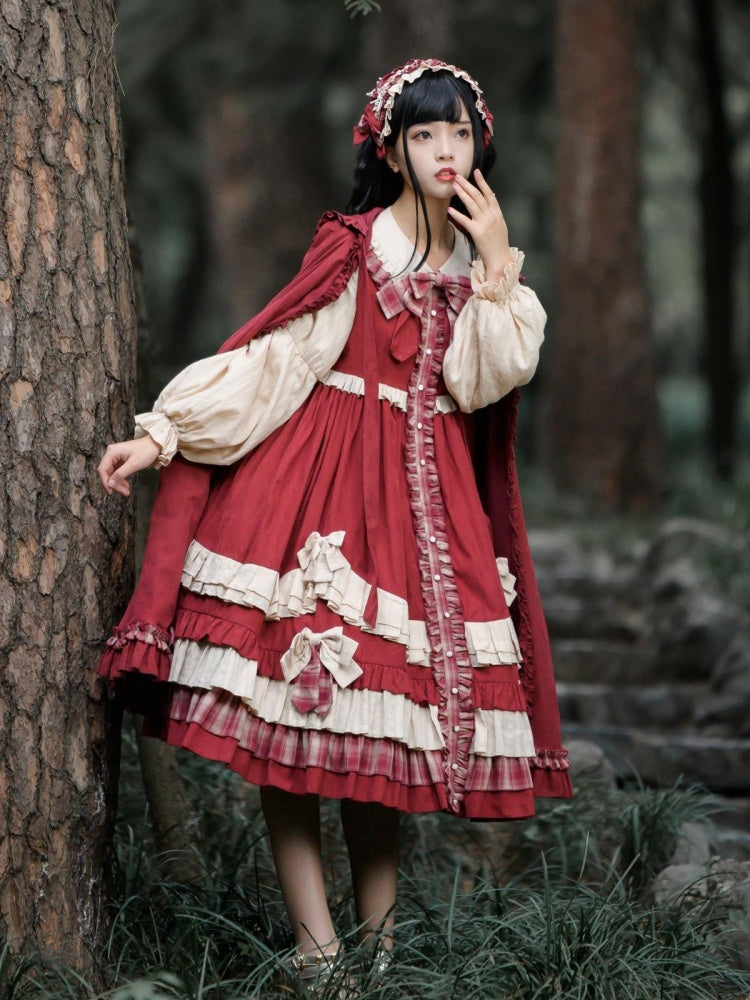 Peter Pan Collar Red Plaid Pattern Bowknot Details Long Sleeves Lolita OP