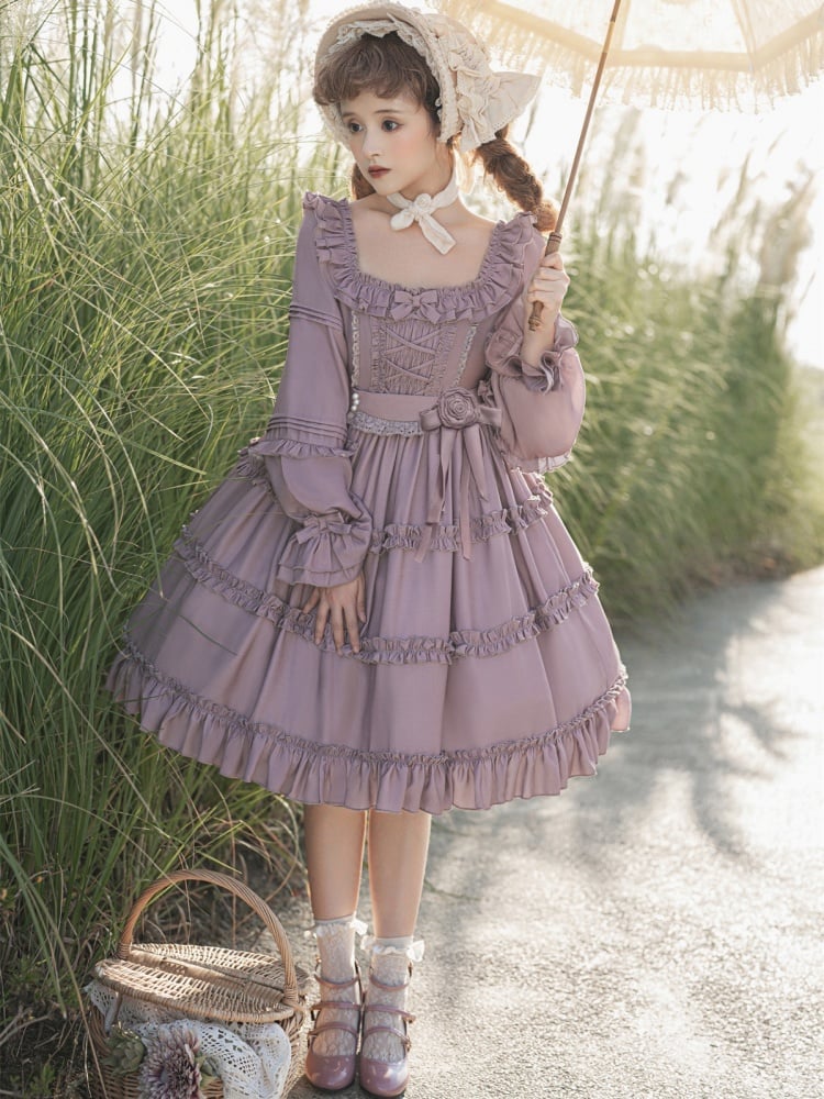 Square Neckline Smocked Elastic Front Bodice Ruffle Hemline Long/Short Sleeves Lolita OP
