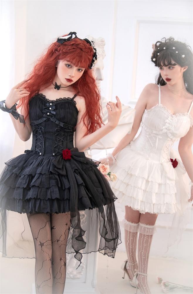 Little Rose Kuro and Shiro Style Sweetheart Neckline High Waist Jumper Skirt