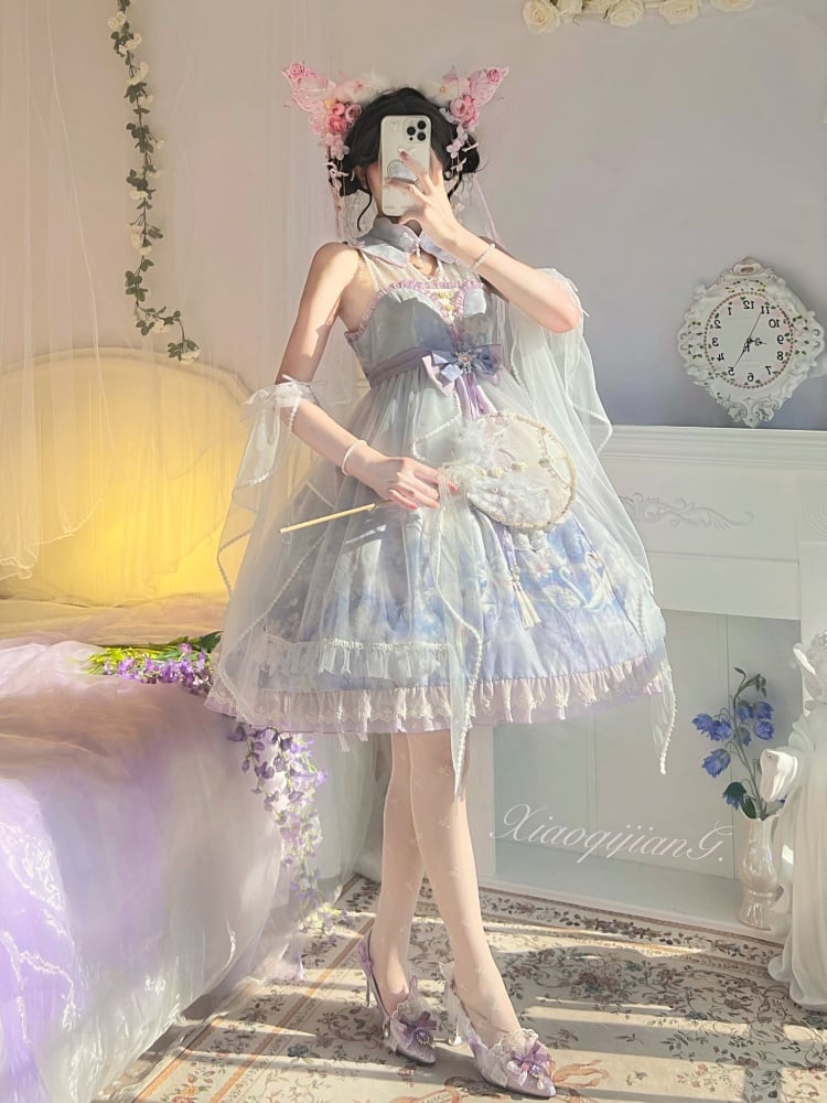 Purple Swan Castle Floral Print Banded Collar Ruffle Hemline Lolita JSK