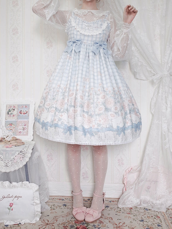 Margaret Floral Print Bowknot Details Gingham Pattern V-neck Jumper Skirt