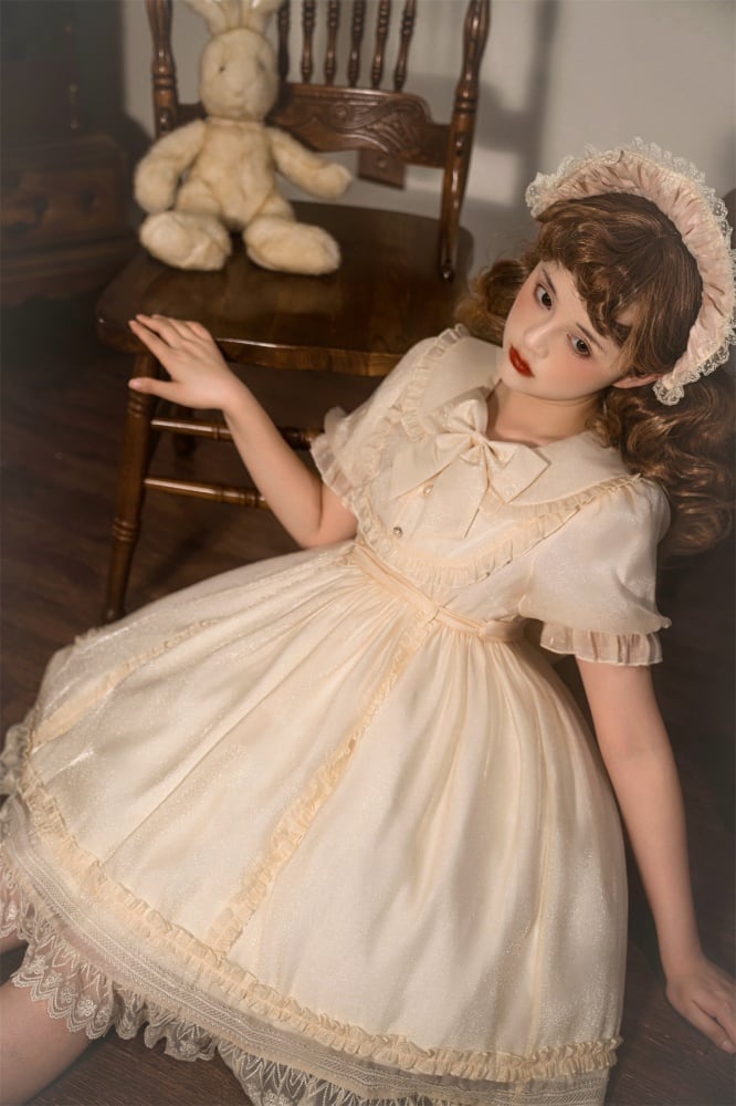 Warm Breeze Into String Peter Pan Collar High Waist Short Sleeves Lolita OP