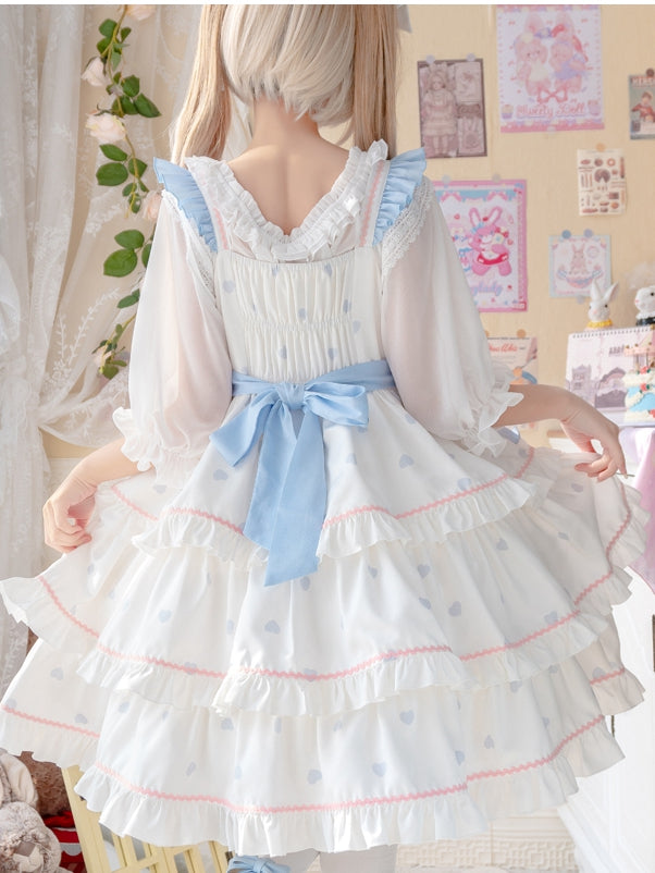 White Peach Mousse Bowknot Details High Waist Tiered Skirt and Ruffle Trim Jumper Skirt