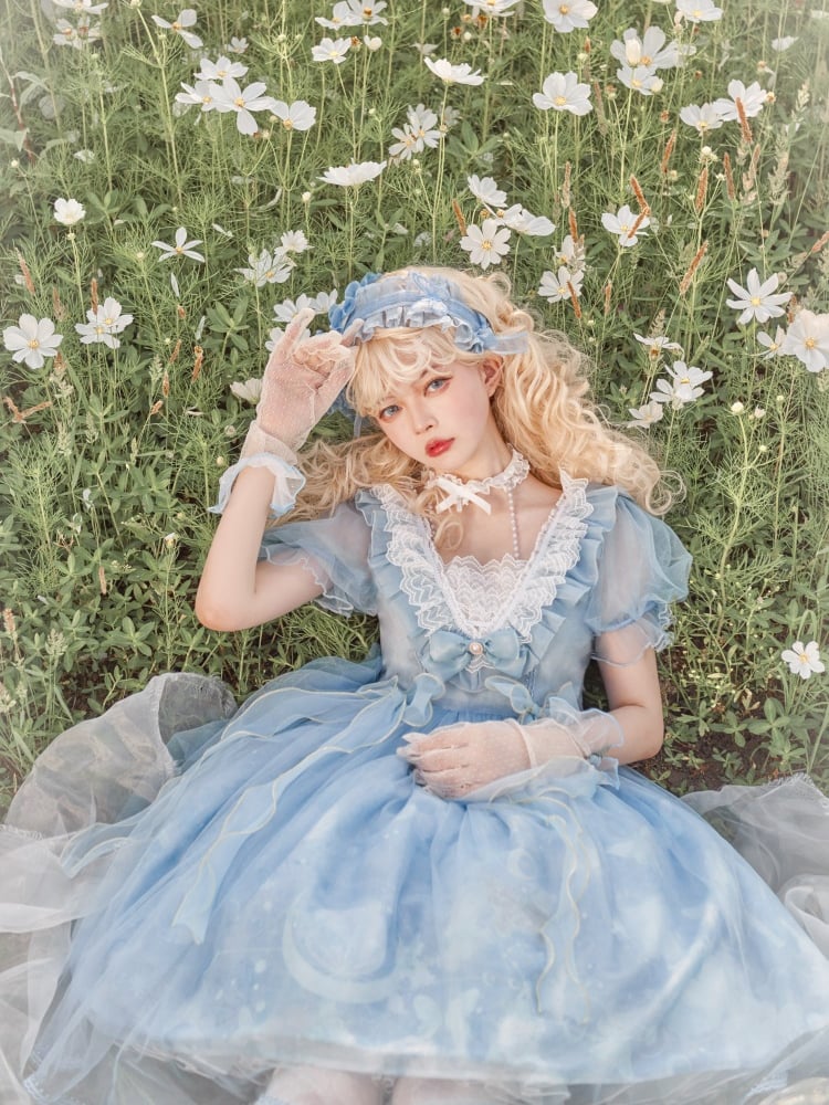 Sweet Bowknot Details Ruffle Neckline Beads Halter Neck Short Puff Sleeves One Piece