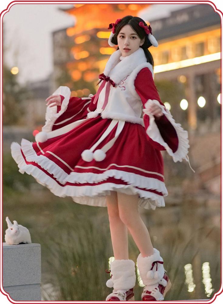 New Year Red and White Plush High Neck Ruffle Hemline Long Sleeves One Piece