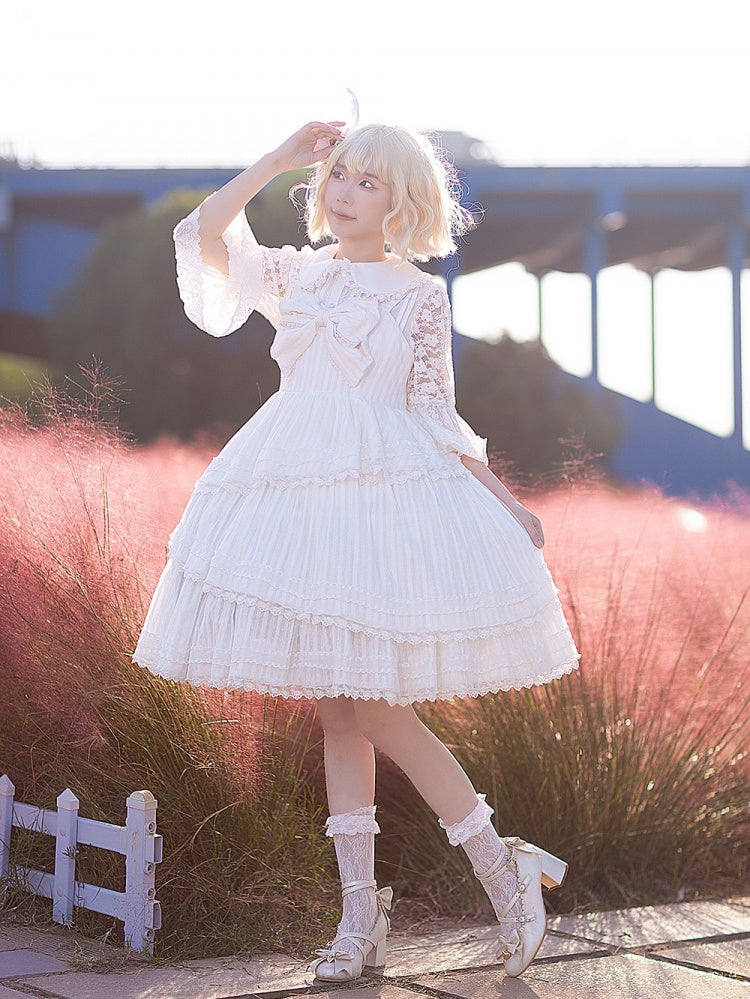 Dawn Tower Color White Big Bow Bodice High Waist Jumper Skirt