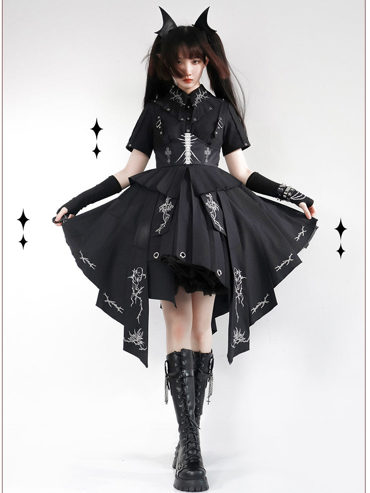 Thorns of Fog Color Black Cross and Thorns Embroidery Military Lolita OP
