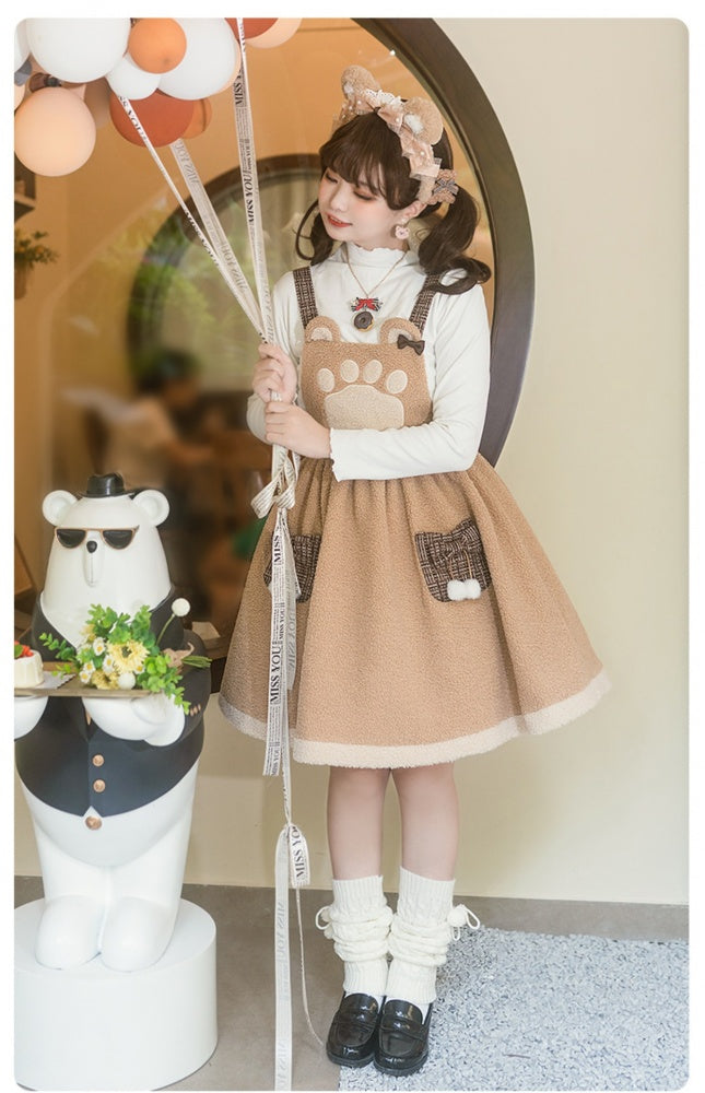 Silly Bear Brown Winter Sweet Fleece Lolita Overall Dress