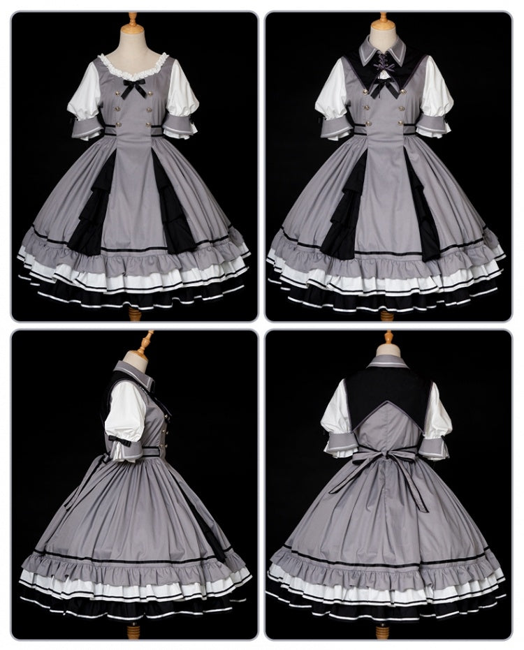 In Stock Black White Gray Tiered Ruffle Hemline Short Sleeves Lolita OP