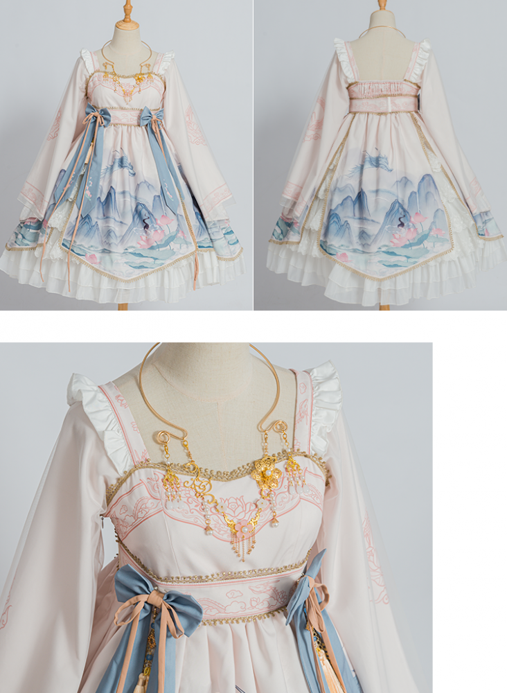 Chinoiserie Mountains-and-waters Painting Print Long Sleeves Lolita OP