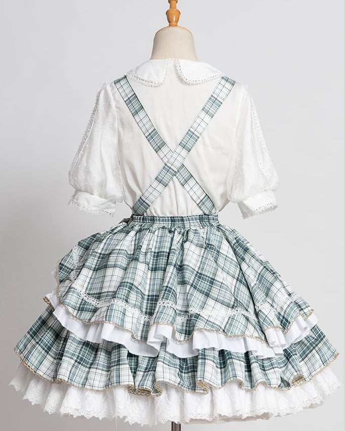 Matcha Ice Bowknot Details Plaid Ruffle Hem Idol Lolita Overall Dress