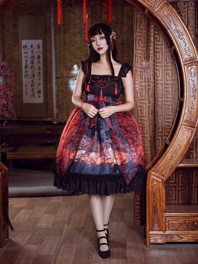 In Stock Lotus Bloom Fish Print Flounce Hemline Chinoiserie Style Jumper Skirt