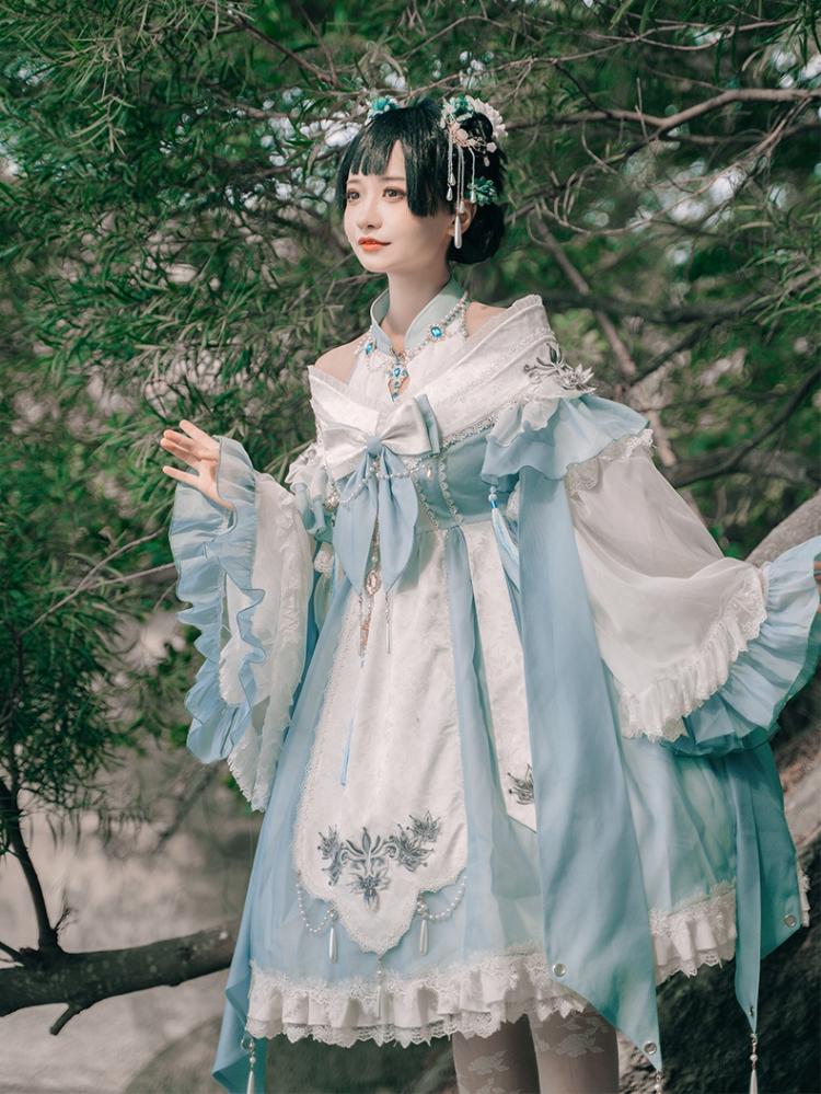 Deer and Epiphyllum Archaic Style Epiphyllum Print Beads Chain Decoration Lolita JSK Set
