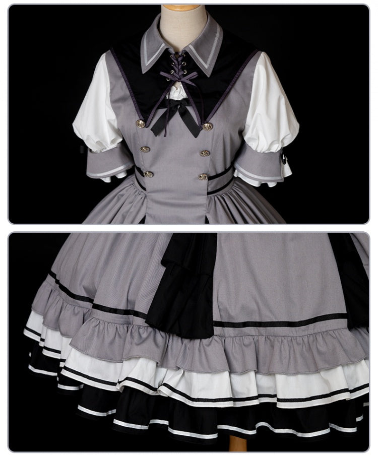 In Stock Black White Gray Tiered Ruffle Hemline Short Sleeves Lolita OP