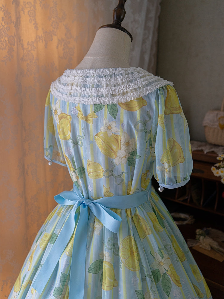 Summer Lemon Print Yellow and Blue One Piece