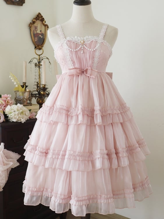 Pink Tiered Ruffle Skirt High Waist Jumper Skirt
