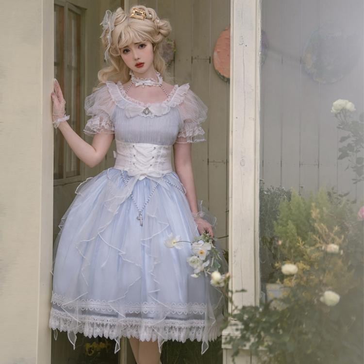 Mermaid Tears One Piece Halter Neck Puff Sleeves Tiered Skirt and Ruffle Trim