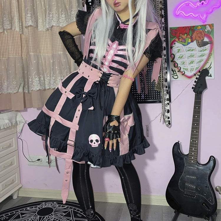 In Stock Dark Birdcage Skull Print Bowknot High Waist Lolita JSK