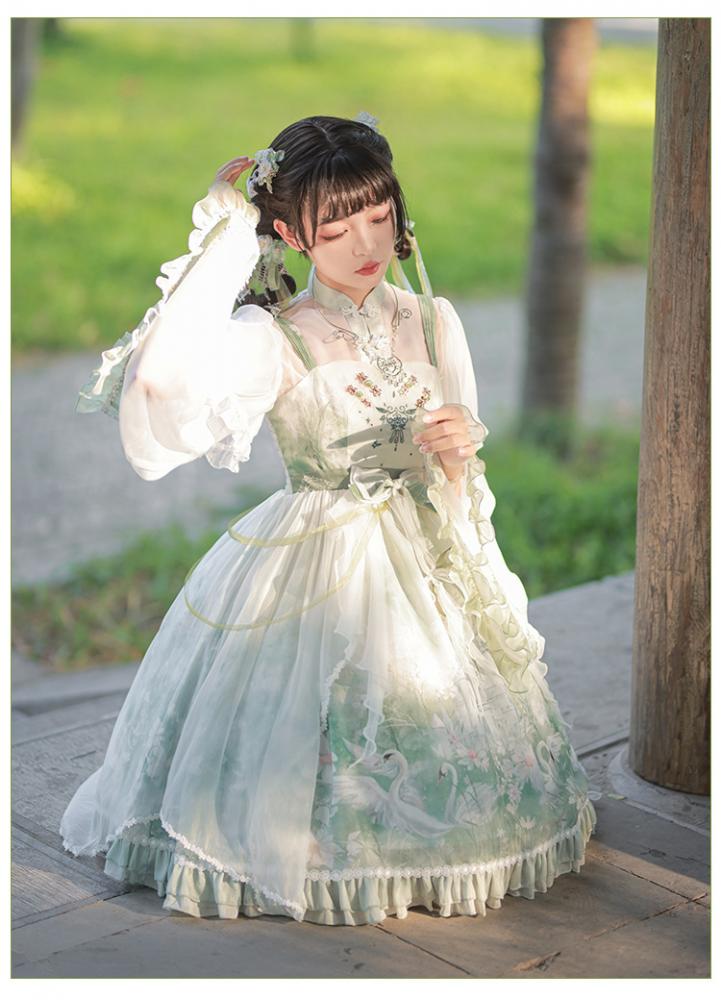 Swan Castle Print Green Qi Style Jumper Skirt/Full Set Embroidery Ruffle Hem