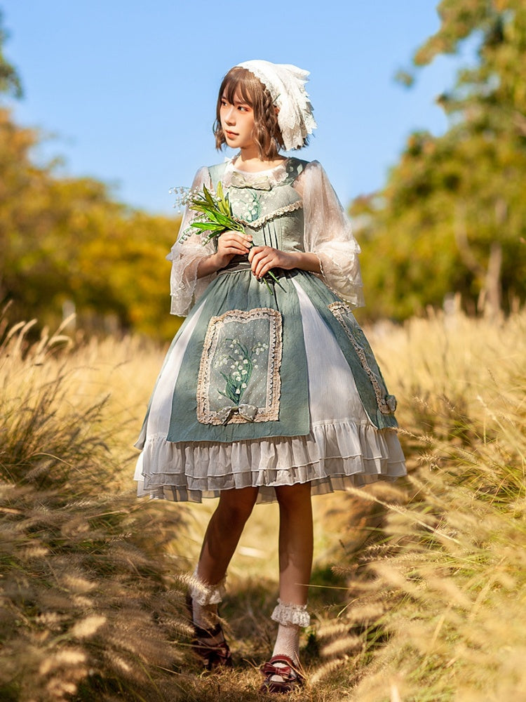 Lily of the Valley Color Light Green Bowknot Details HIgh Waist Jumper Skirt