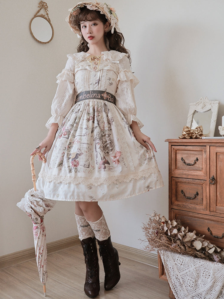 Thumbelina Floral Print Petal Neckline High Waist Short Version Jumper Skirt
