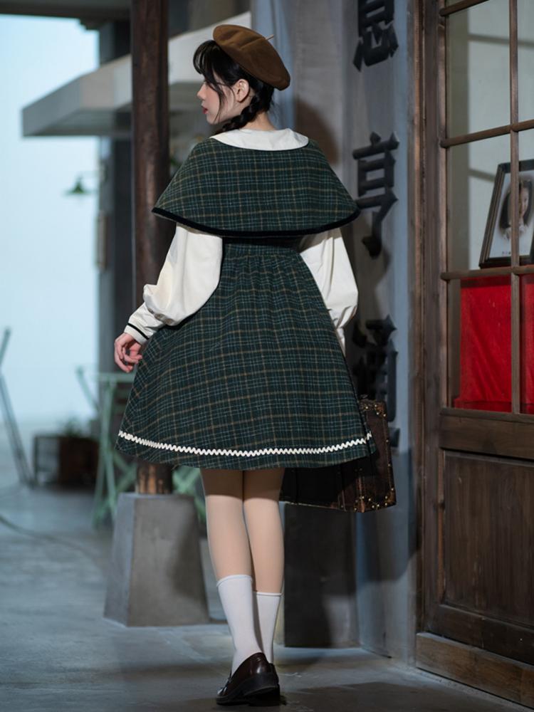 Southern Theater Green Plaid Pattern Peter Pan Collar OP