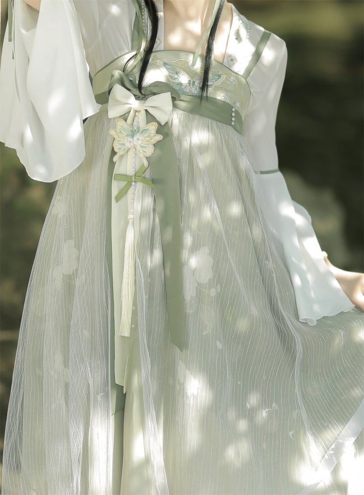 Light Green Floral and Butterfly Embroidery Han Slip Dress