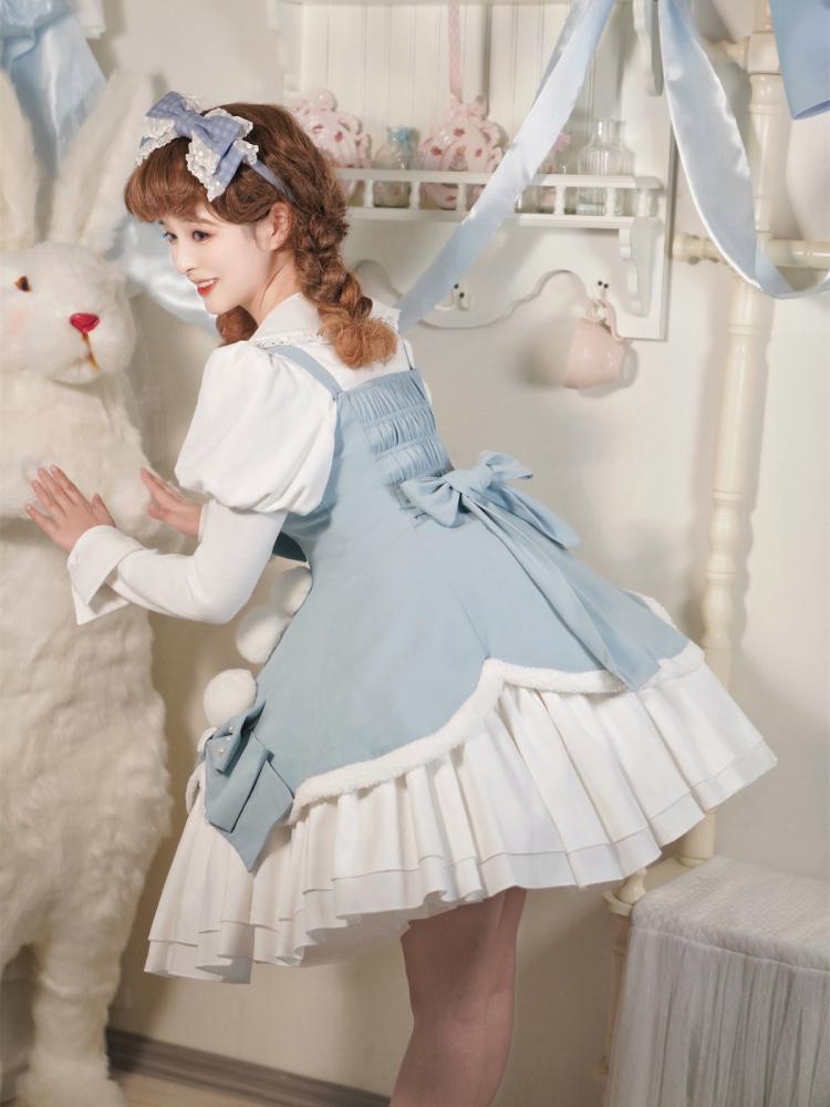 Winter Fairy Tale White and Blue Pompons Bowknot Details Jumper Skirt