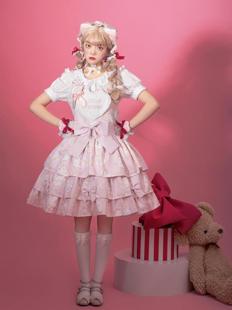 In Stock Kitty Print Bowknot Details Tiered Ruffle Hem Overall Dress