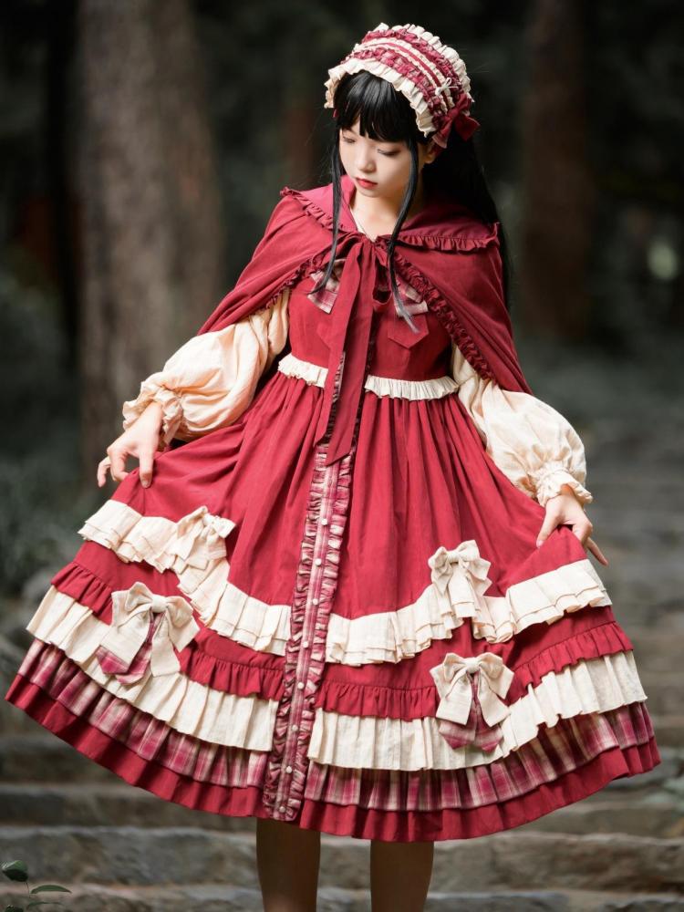 Peter Pan Collar Red Plaid Pattern Bowknot Details Long Sleeves Lolita OP