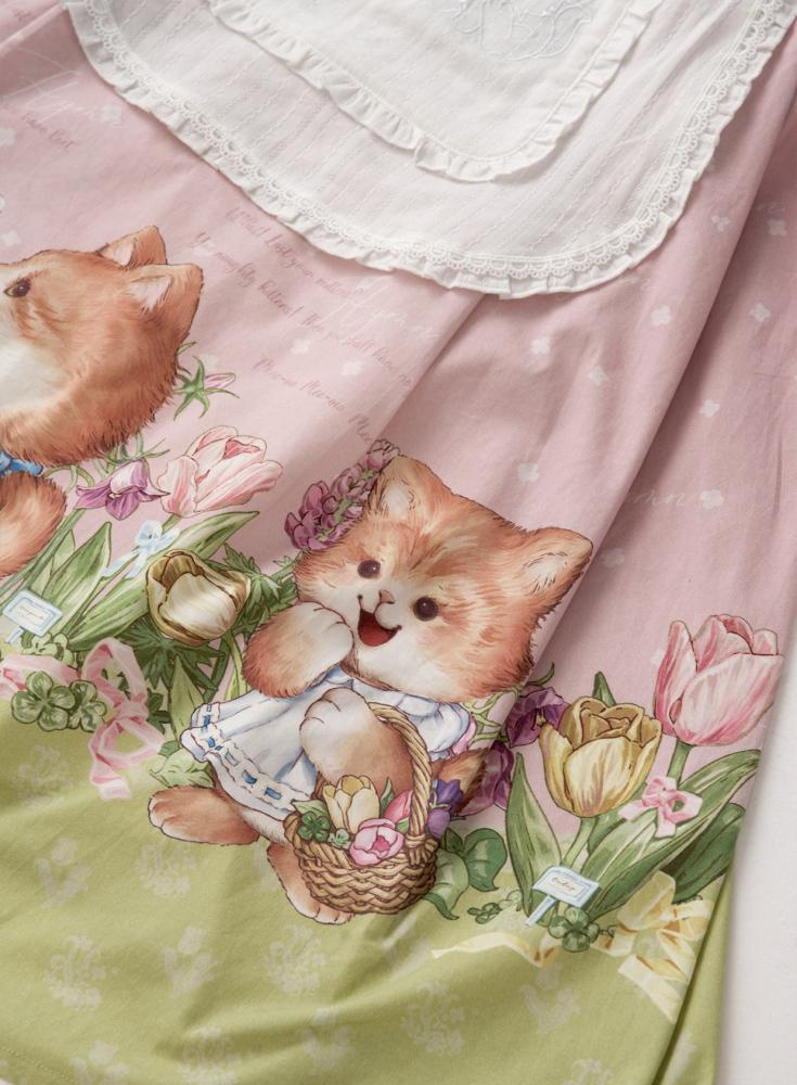 Pink Cat Print Lace Trim Bowknot Details Jumper Skirt