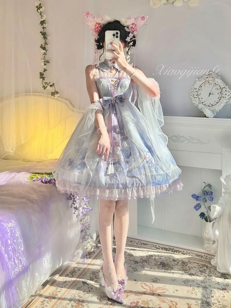 Purple Swan Castle Floral Print Banded Collar Ruffle Hemline Lolita JSK