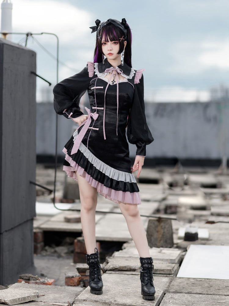 Sixteen Night Rose Qipao Style Turndown Collar Asymmetrical Ruffle Hemline Long Sleeves One Piece